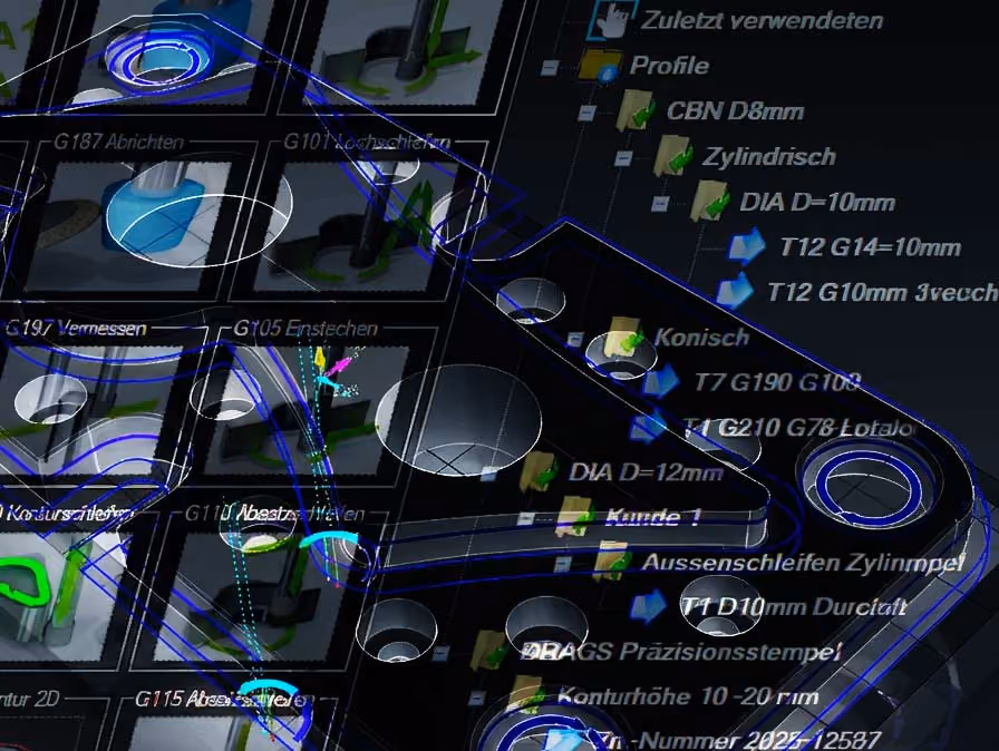 3D CAD-Modell eines technischen Bauteils mit Löchern und Beschriftungen auf einem dunklen Bildschirm.