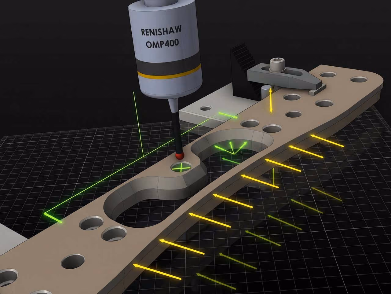 3D-Messsonde misst ein mechanisches Bauteil mit grünem Laser und gelben Pfeilen für Messpunkte.