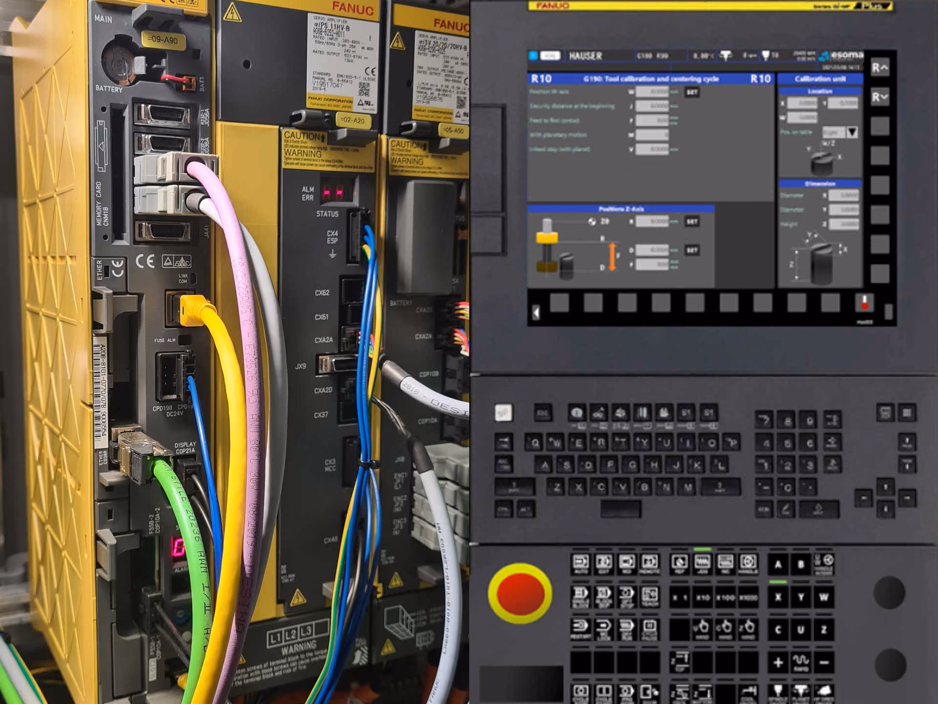 Close-up of a Fanuc CNC controller with colorful cables connected to its ports and a display screen.