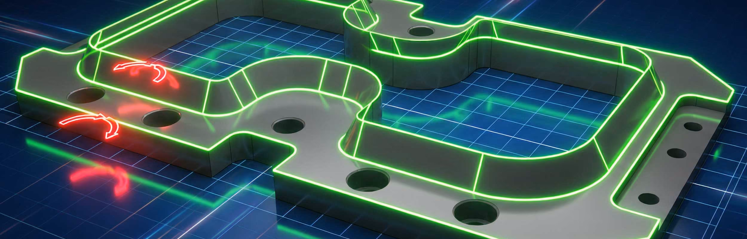 3D-Modell eines Bauteils mit grünen Leuchtlinien auf blauem Rasterhintergrund und roten Pfeilen.