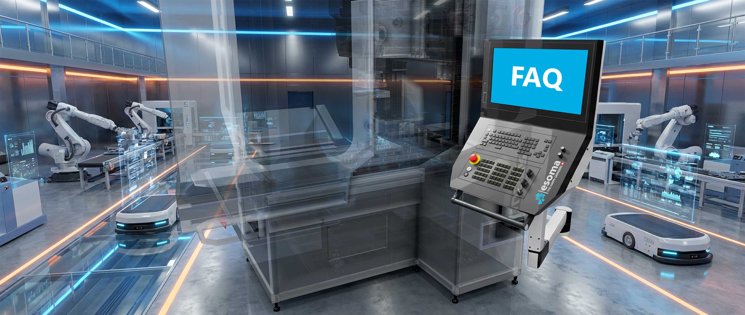High-tech factory with robotic arms, automated vehicles, and a control panel screen displaying FAQ.
