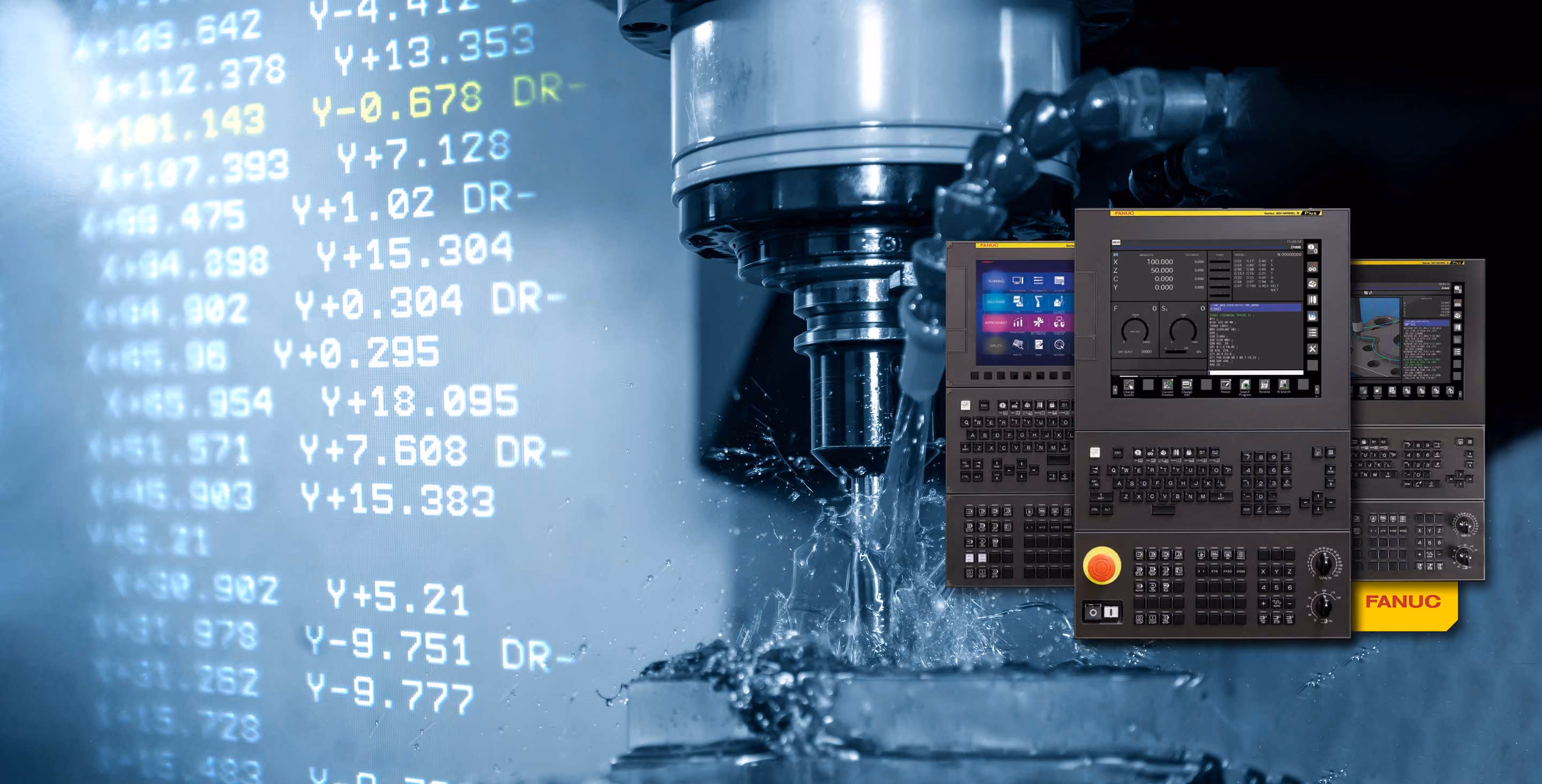 CNC machine tool carving metal with FANUC control panels overlayed on the right side.