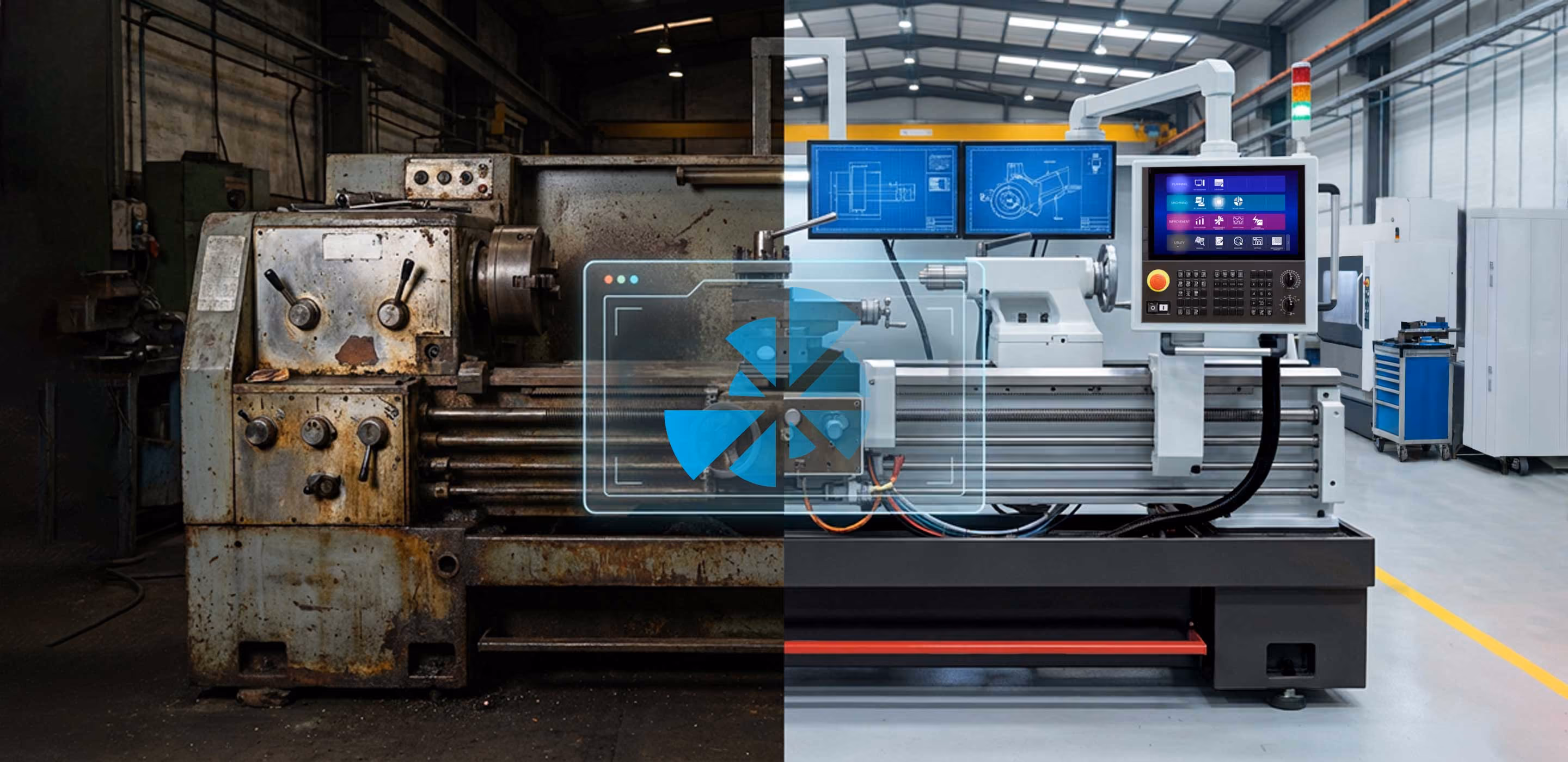 Halb altmodische, verrostete Drehmaschine links, halb moderne CNC-Drehmaschine rechts in Werkstatt.