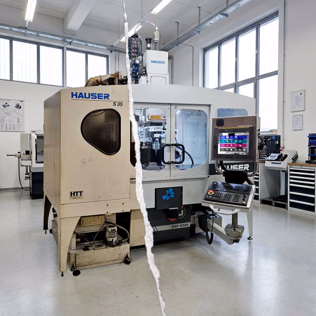 Vergleich zwischen altem und modernem HAUSER S35 CNC-Bearbeitungszentrum in Fabrikumgebung.