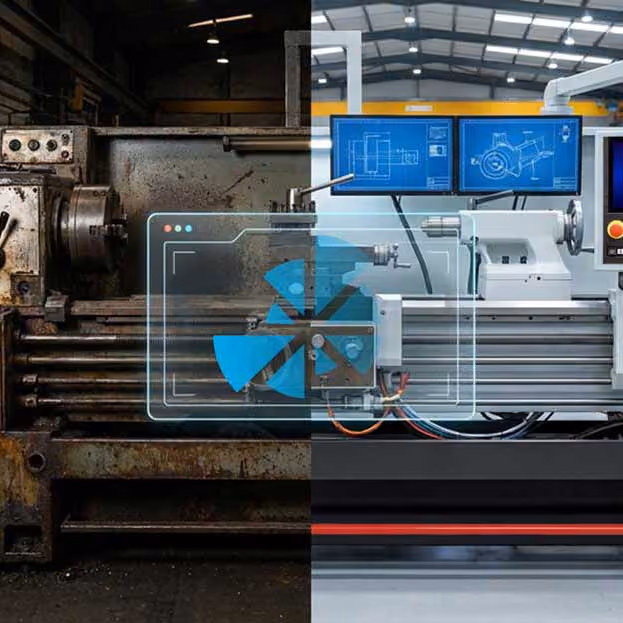 Halb alter industrieller Drehmaschine, halb moderne CNC-Maschine mit digitalen Blaupausen auf Bildschirmen.