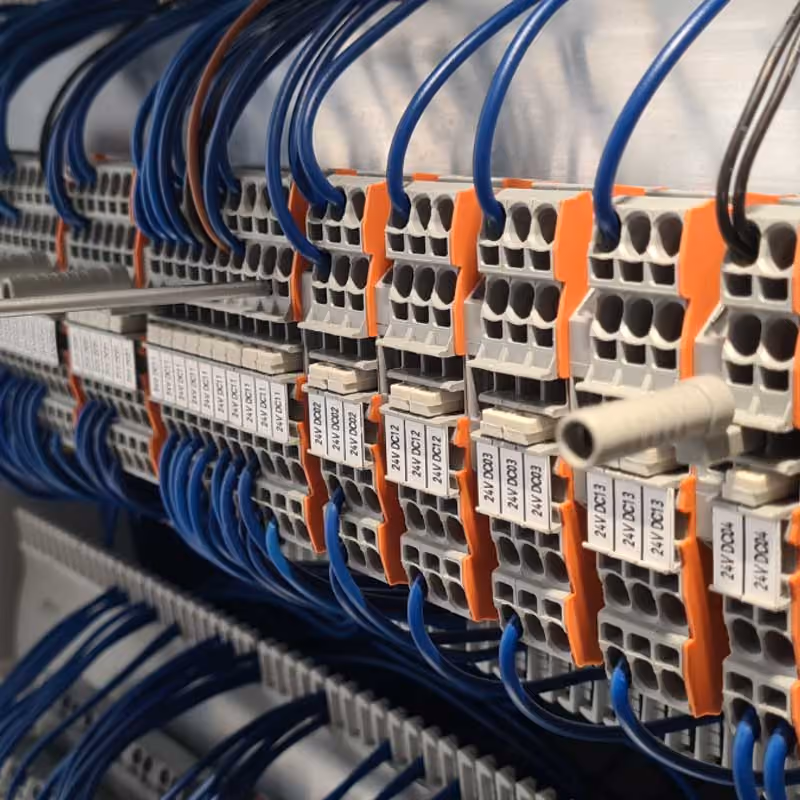Elektrische Anschlussklemmen mit blauen Leitungen in einem Schaltschrank.