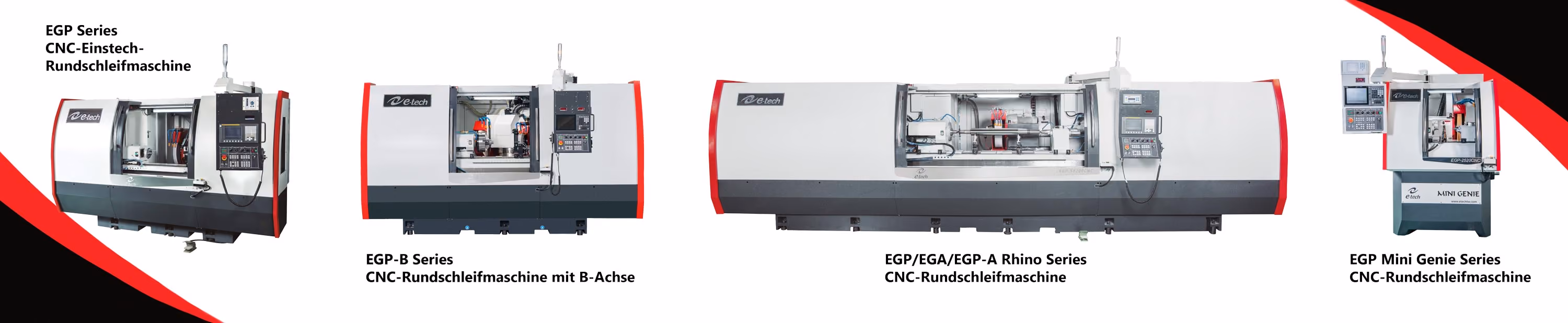 Vier verschiedene CNC-Rundschleifmaschinenmodelle der EGP-Serie von e-tech, nebeneinander angeordnet.