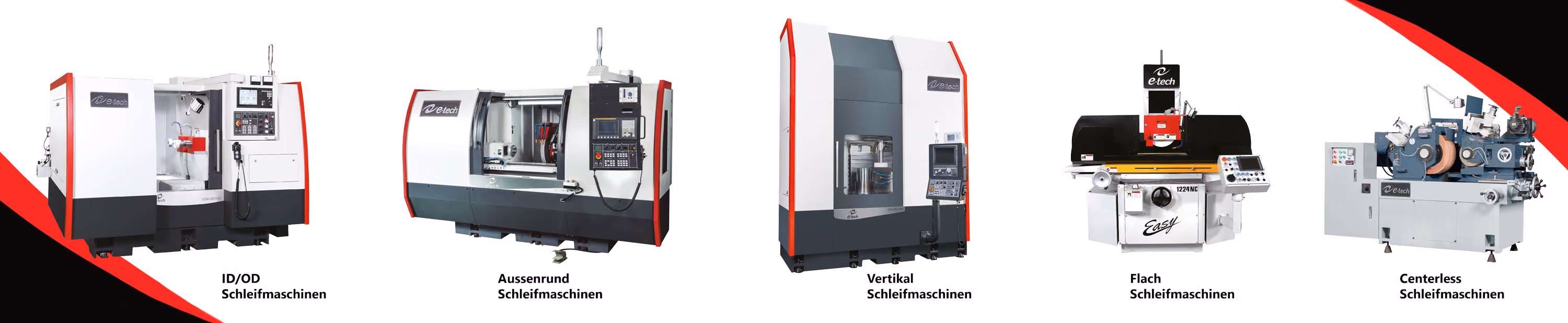 Fünf verschiedene Schleifmaschinen: ID/AD, Aussenrund, Vertikal, Flach und Centerless.