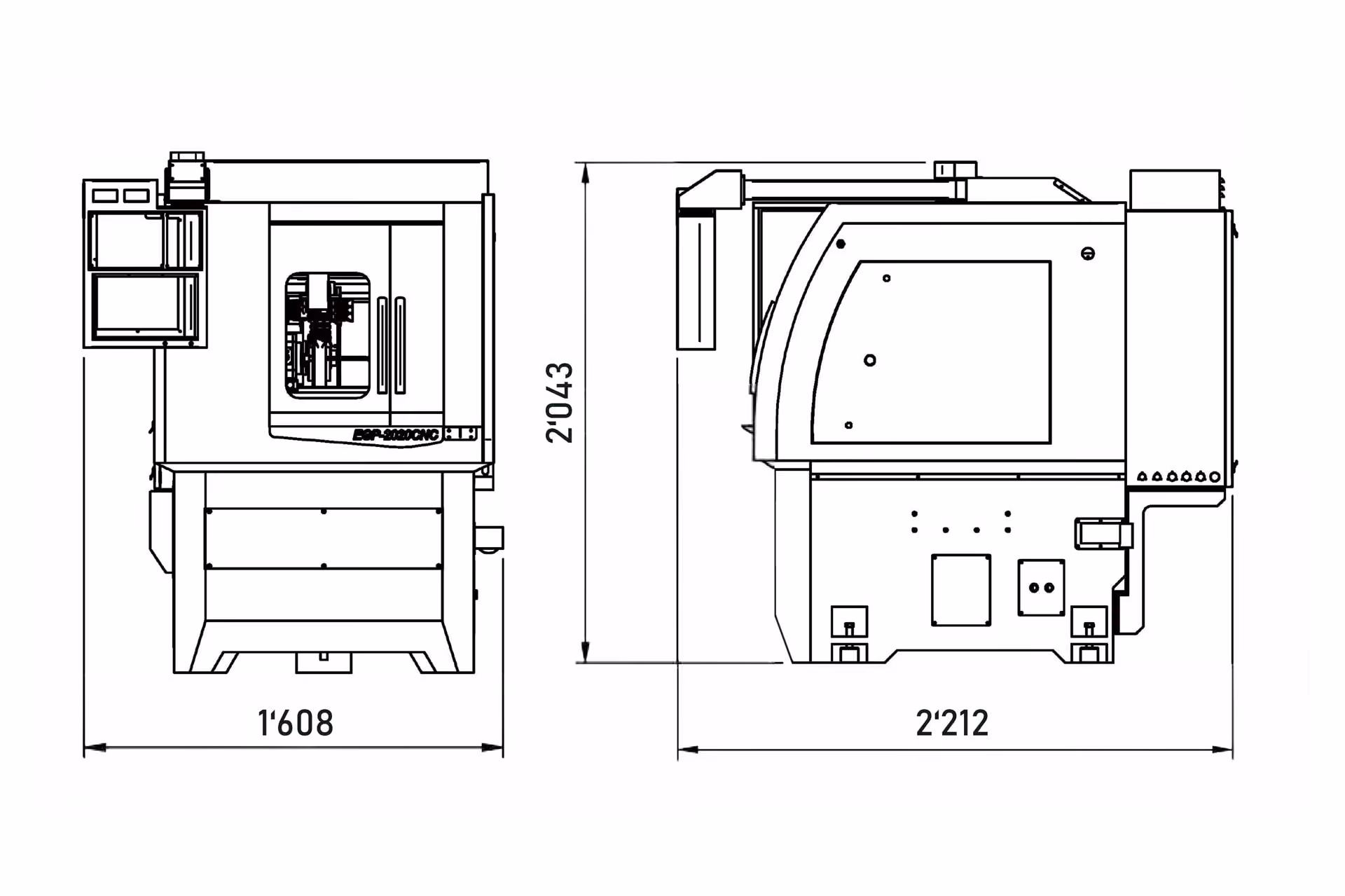 Technische Zeichnung einer Maschine mit den Maßen Höhe 2043 mm, Breite 1608 mm und Länge 2212 mm.
