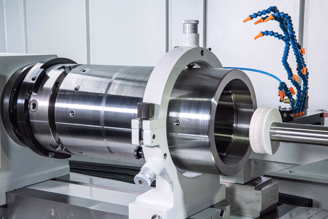 Maschinenraum einer Präzisionsmaschine mit Metallzylindern und flexiblen Kühlschläuchen.