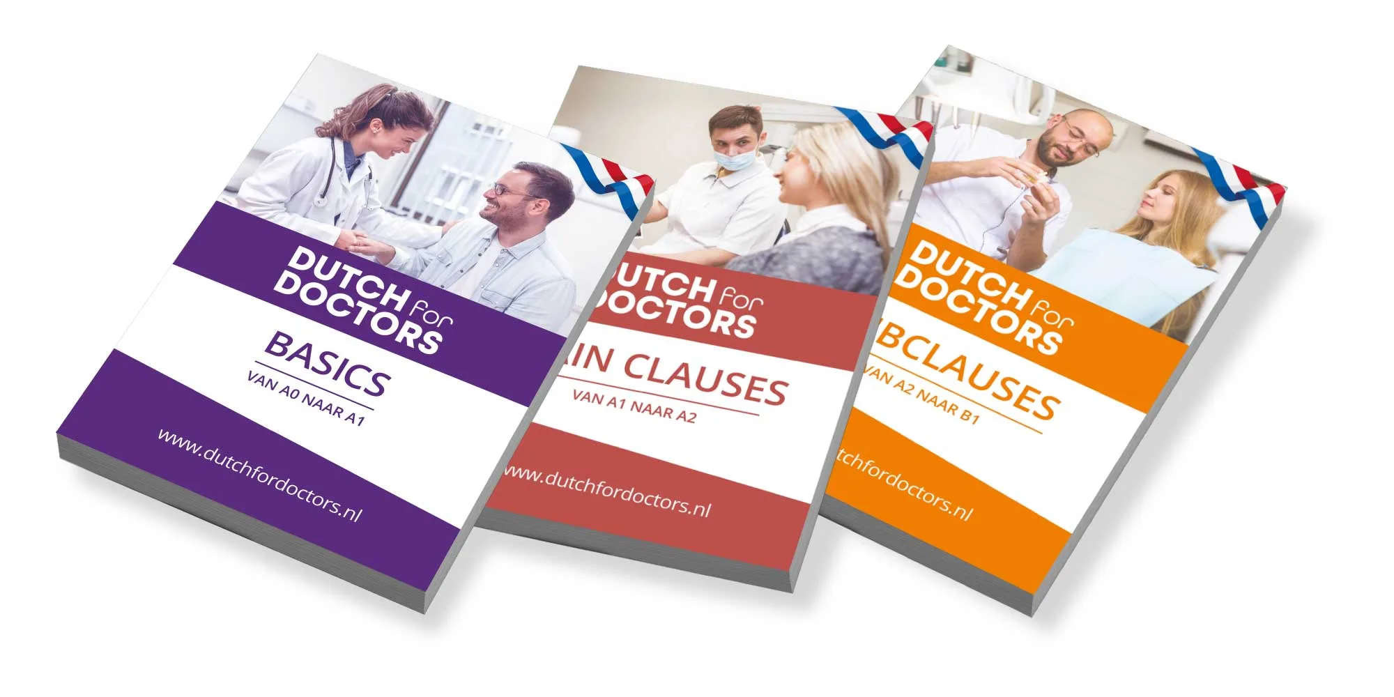 Drie originele taalboeken voor medische en tandheelkundige professionals die Nederlands leren