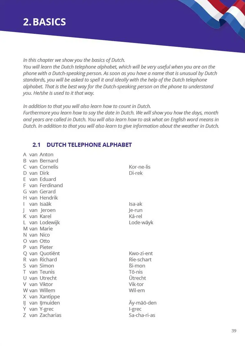 Voorbeeldpagina uit het 'Basics' taalboek: uitleg over het Nederlandse alfabet voor medische en tandheelkundige professionals