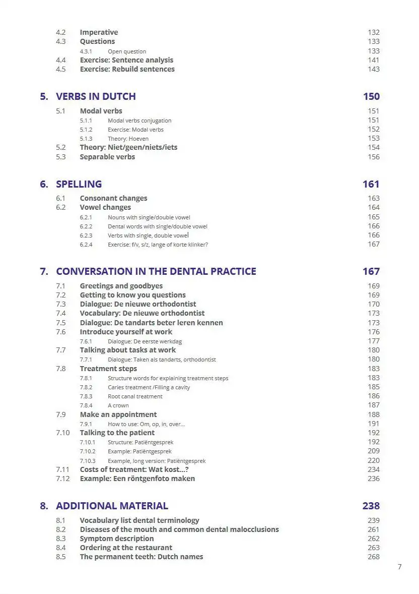Voorbeeldpagina uit het 'Basics' taalboek: overzicht van de structuur en onderwerpen voor medische en tandheelkundige professionals