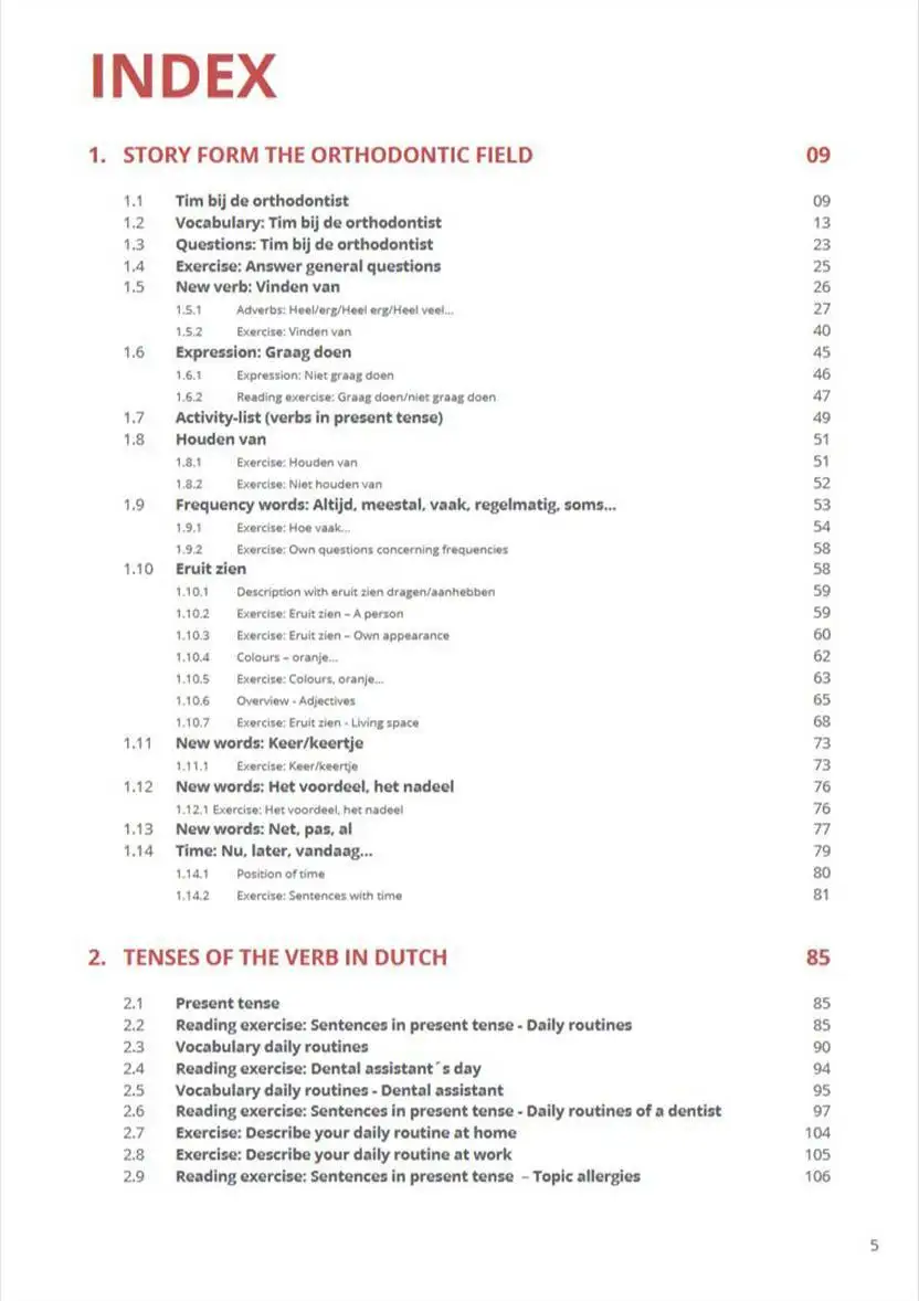 Voorbeeldpagina uit het 'Subclauses' taalboek: inhoudsopgave voor medische en tandheelkundige professionals, overzicht van hoofdstukken over complexe zinnen