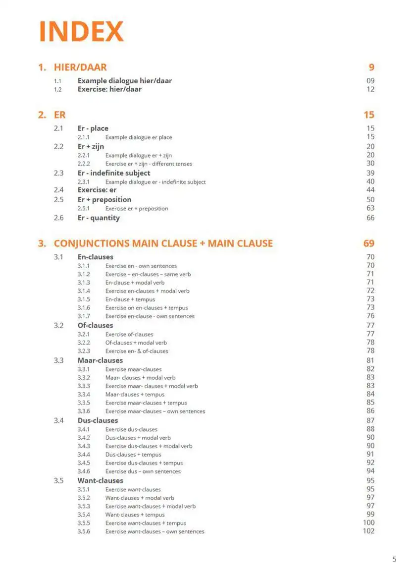 Voorbeeldpagina uit het 'Subclauses' taalboek: inhoudsopgave voor medische en tandheelkundige professionals, overzicht van hoofdstukken over complexe zinnen