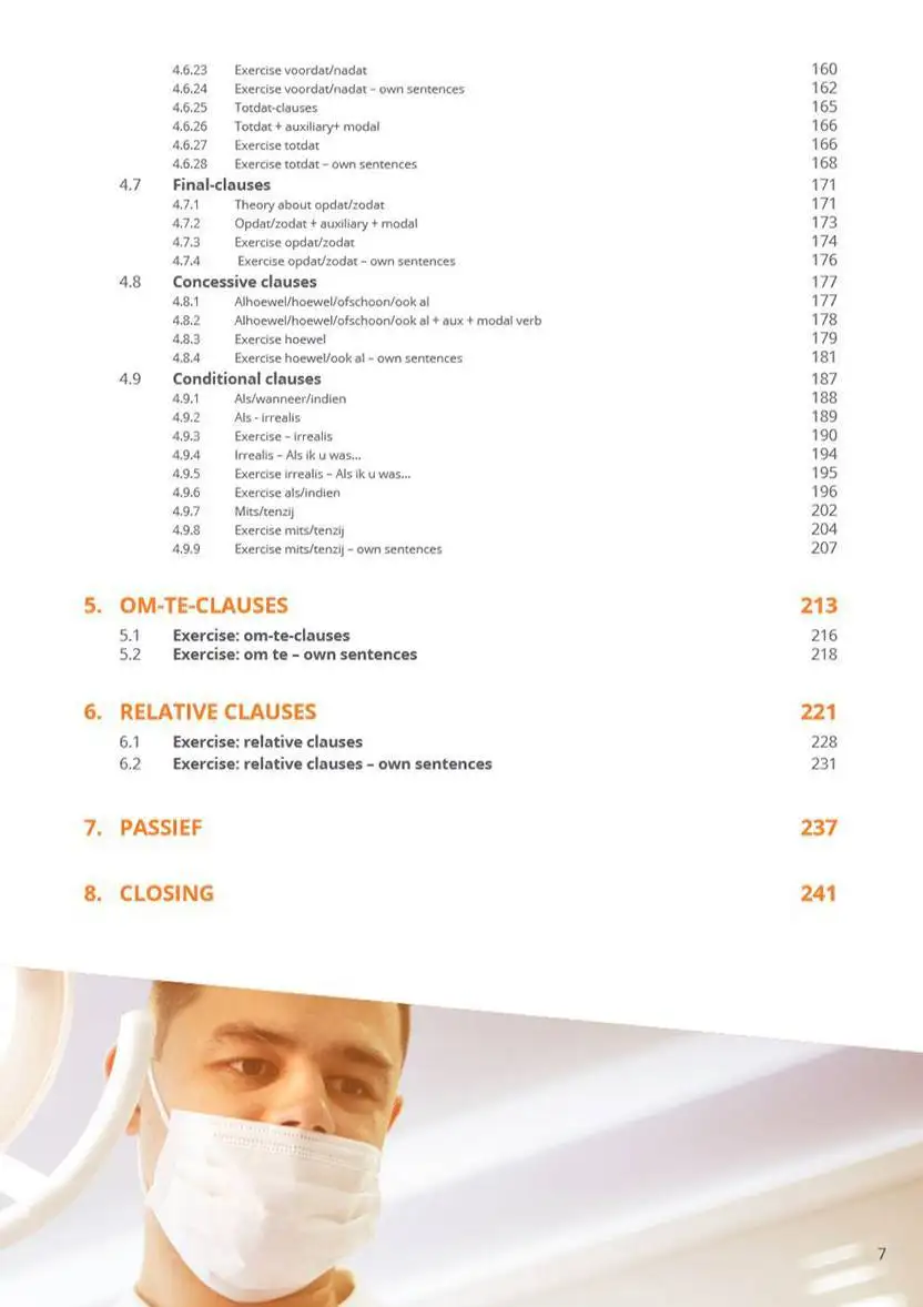 Voorbeeldpagina uit het 'Subclauses' taalboek: overzicht van de structuur van complexe zinnen in het Nederlands voor medische professionals