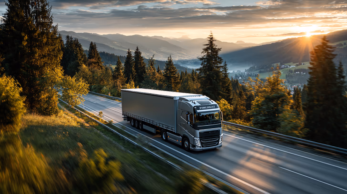 A large semi-truck with trailer driving on a dark, foggy highway at night with headlights and street lamps lit.