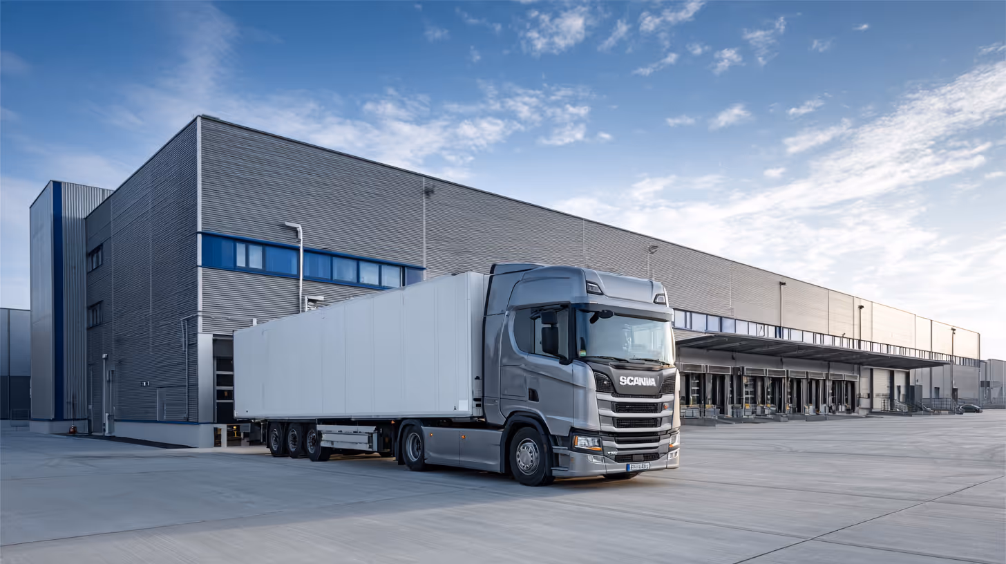 Black semi-truck with headlights on driving on wet road at night with streetlights and trees in the background.