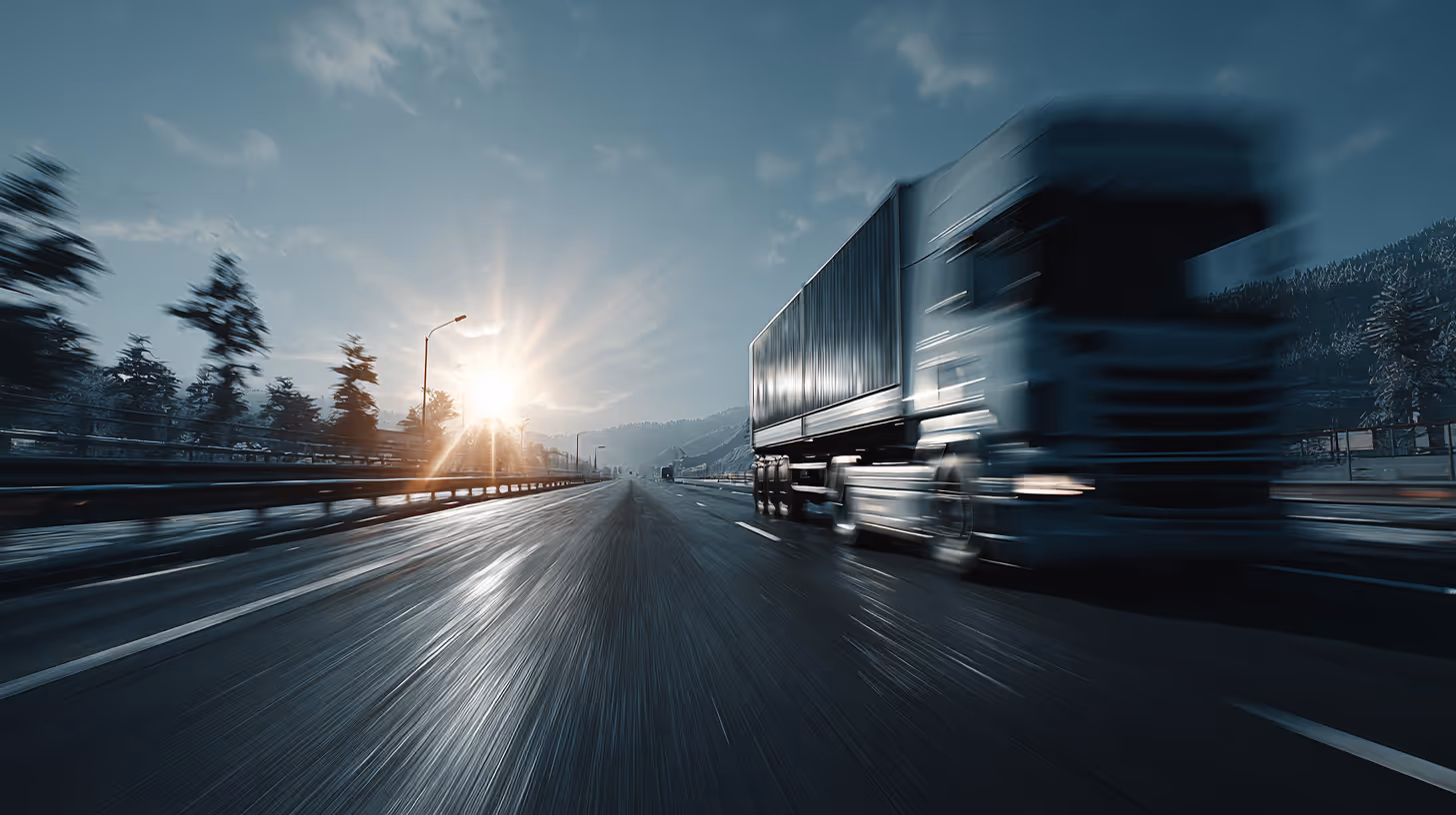 Blurred semi-truck driving fast on a wet highway at sunset with trees and mountains in the background.