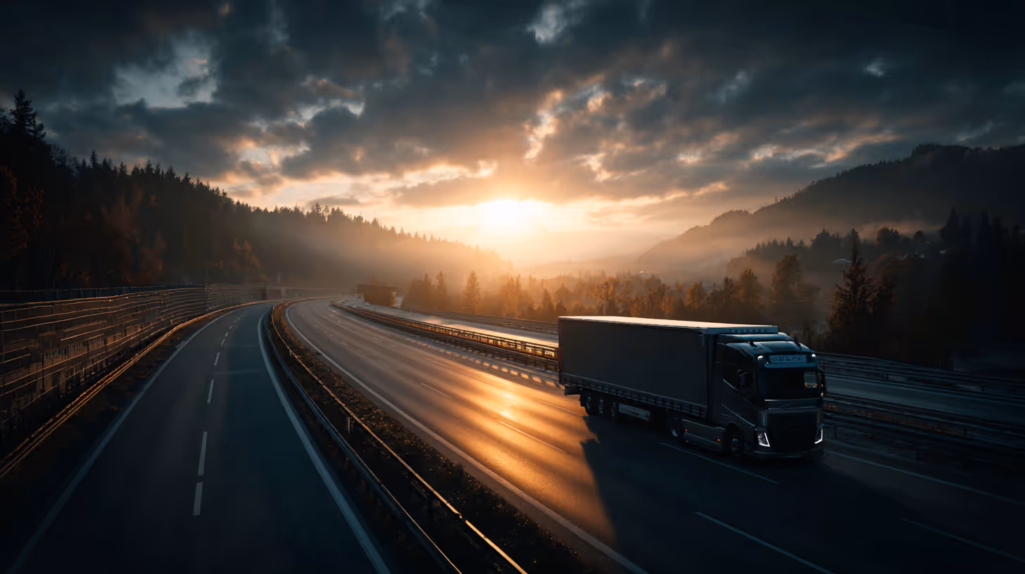 Long freight truck driving on a wet highway at sunset with a cloudy sky and forested hills in the background.