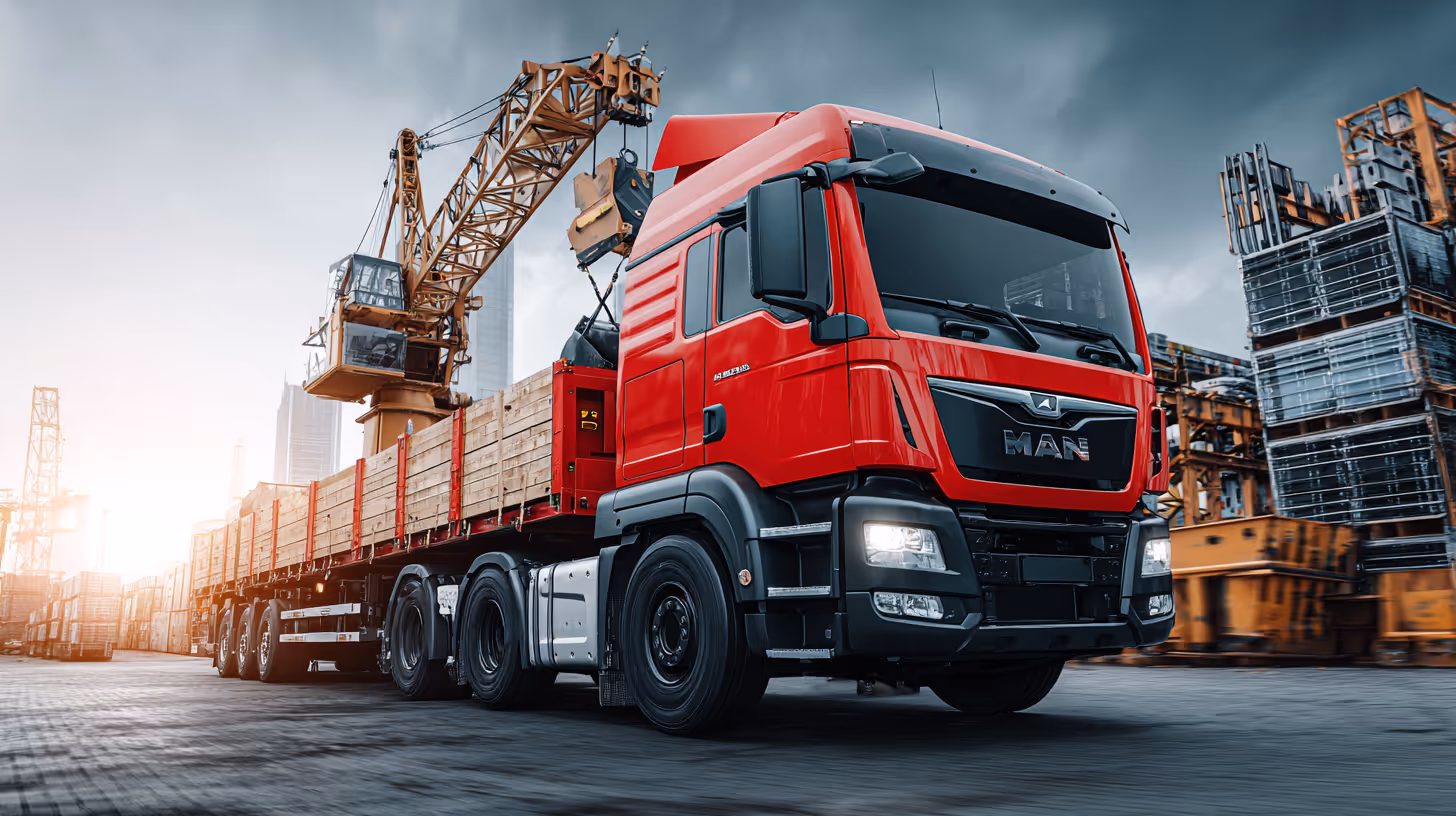 Red semi-truck with a flatbed trailer carrying wooden planks at an industrial port with cranes and stacked shipping containers.