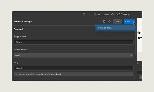 Webpage settings panel showing page name 'About', slug 'about', with a highlighted Save button.