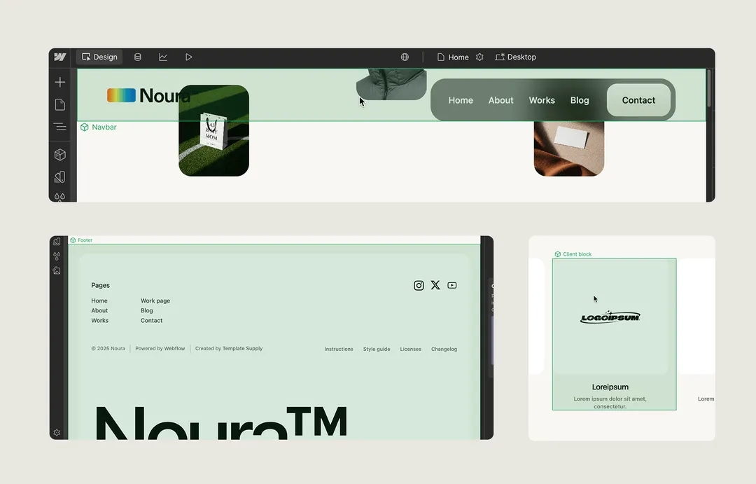 Web design interface showing navbar and footer layouts with navigation links and client block.