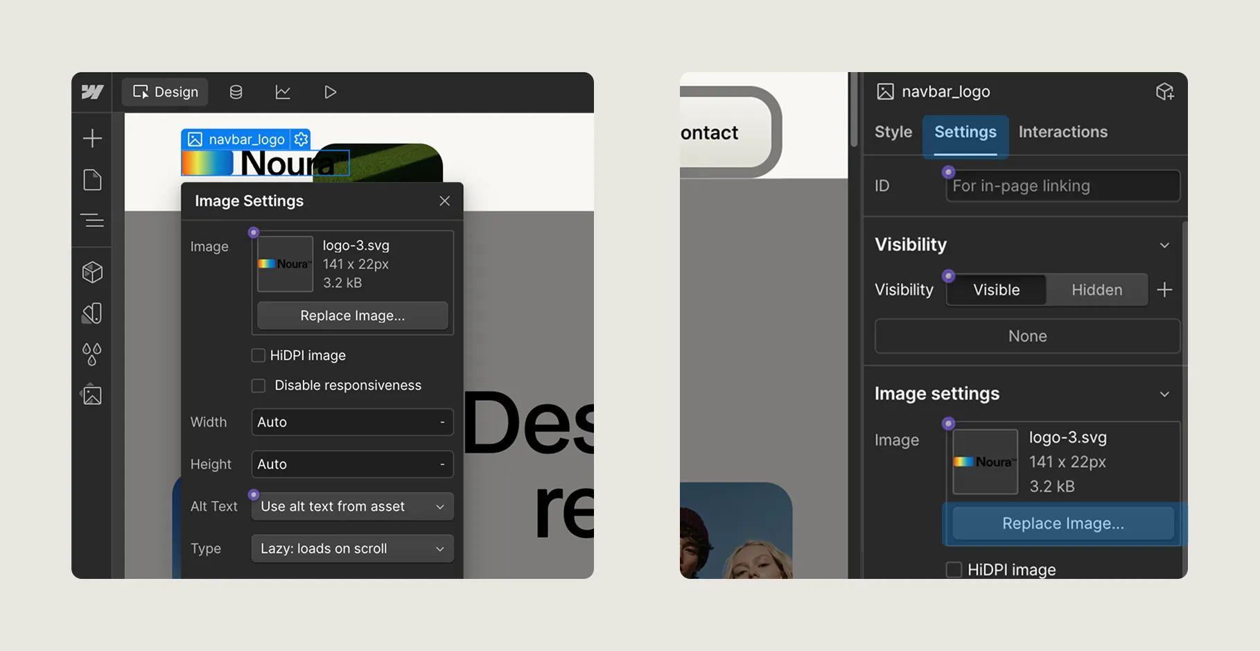 Screen showing image settings panel for logo-3.svg with options to replace image, size, alt text, and visibility controls.