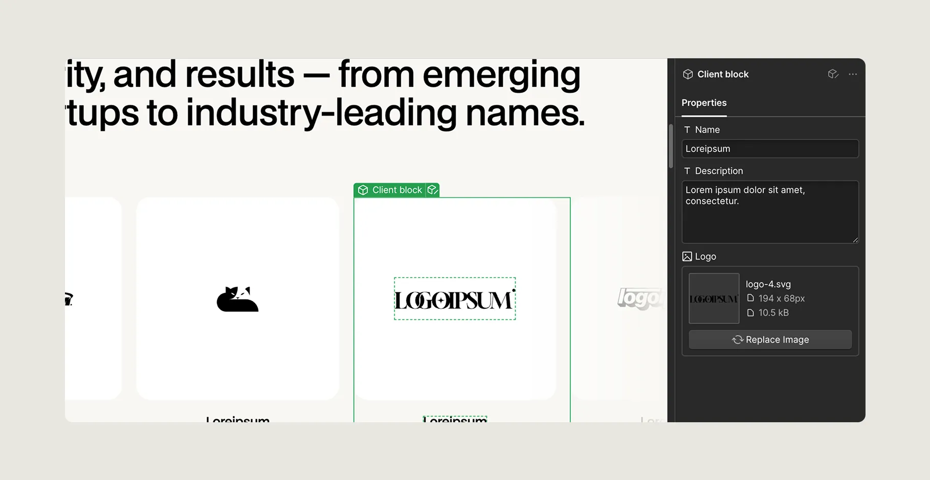 Design interface showing a client block with text fields for name and description and a logo placeholder.
