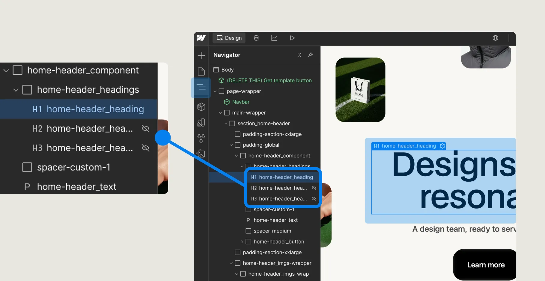 Website design editor showing hierarchy of home-header components, including headings and button with 'Learn more'.
