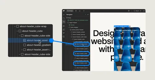 Screenshot showing a website design interface with a blue seating asset linked from a navigation menu on the left side.