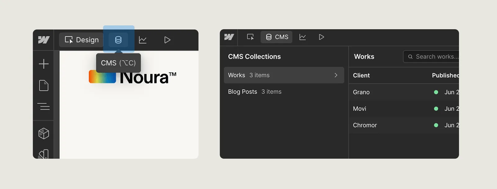 Interface showing a CMS section with Collections named Works and Blog Posts, and a list of clients with published dates.