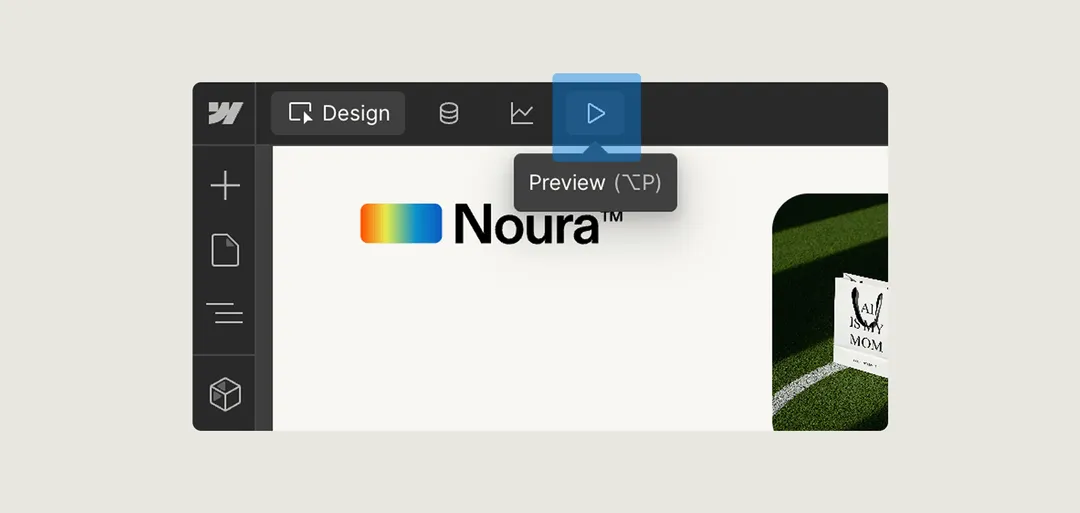 Web design interface showing a preview button with tooltip labeled Preview (⌥P) and a partial logo reading Noura.