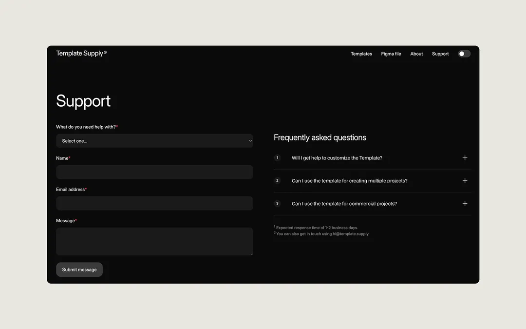 Support page with form fields for help topic, name, email, message, and a list of three FAQ questions.