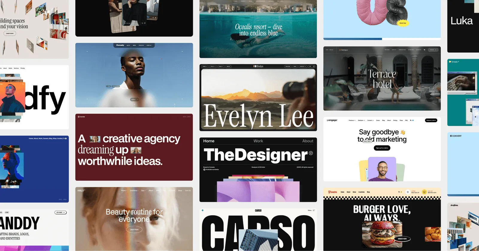 Collage of diverse website homepage designs showcasing creative agencies, portfolio, resorts, hotels, marketing, and food.