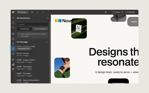 Web design interface showing interaction settings panel and a product page with text 'Designs that resonate'.