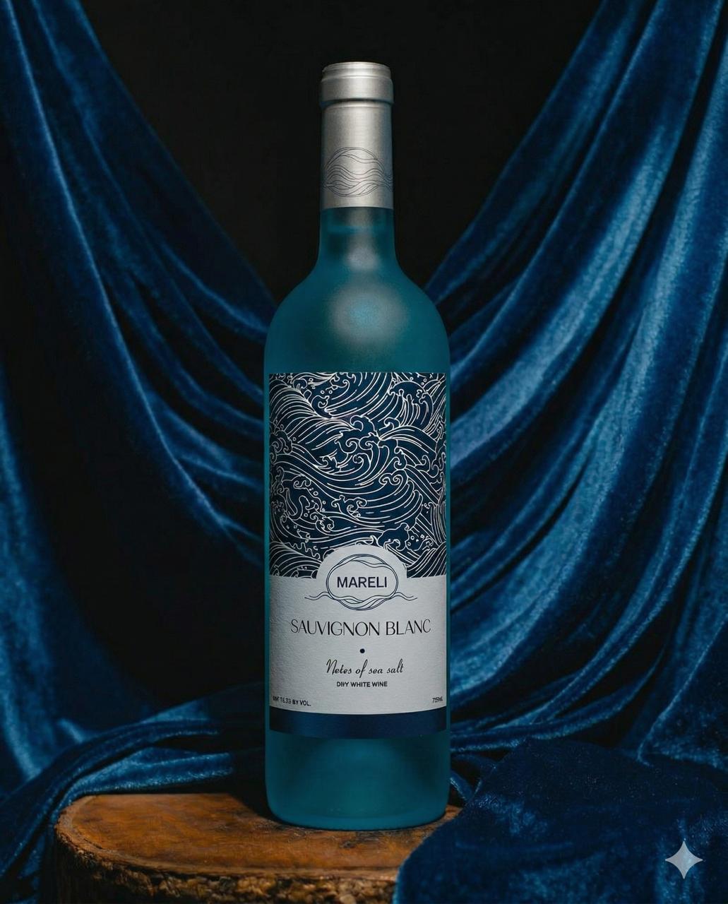 Blue frosted bottle of Mareli Sauvignon Blanc with ocean wave design on label, set against a dark blue velvet background.