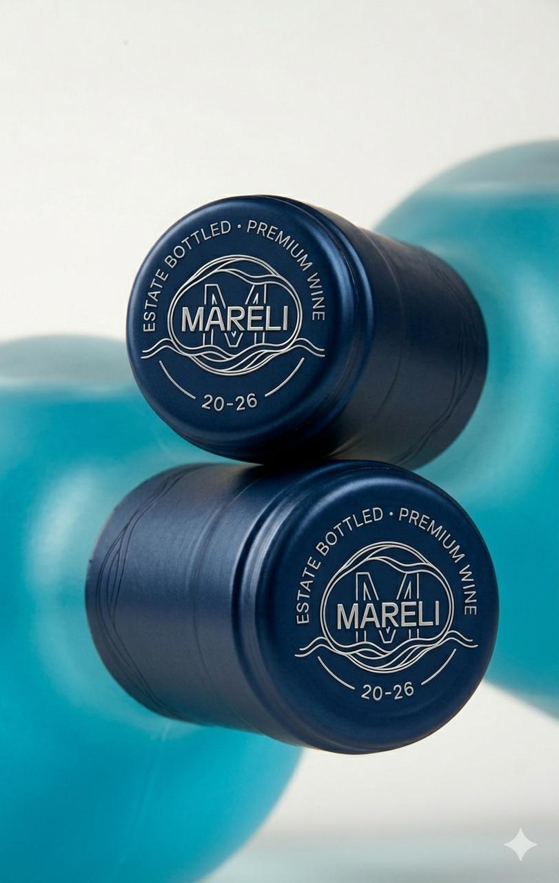 Two blue wine bottle caps with the Mareli logo and text Estate Bottled Premium Wine 20-26, placed on top of turquoise bottles.