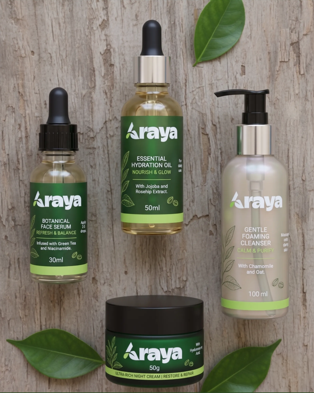 Four Araya skincare products arranged on wood background with green leaves, including serum, oil, cleanser, and night cream.