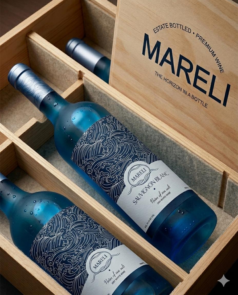 Two blue Mareli Sauvignon Blanc wine bottles in a wooden box with Mareli branding on the lid.