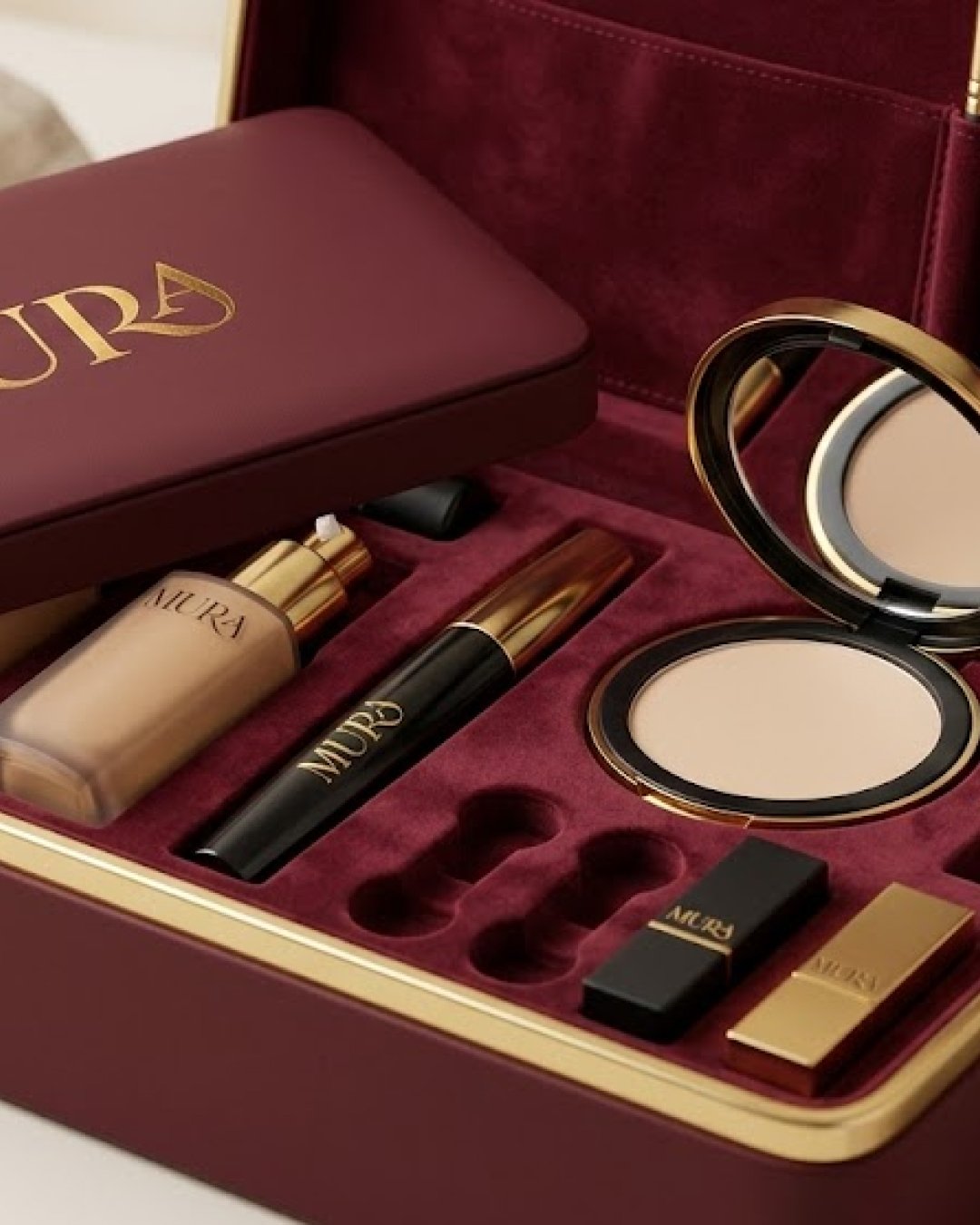 Luxurious makeup set in burgundy and gold case including foundation, mascara, compact powder, and two lipsticks.