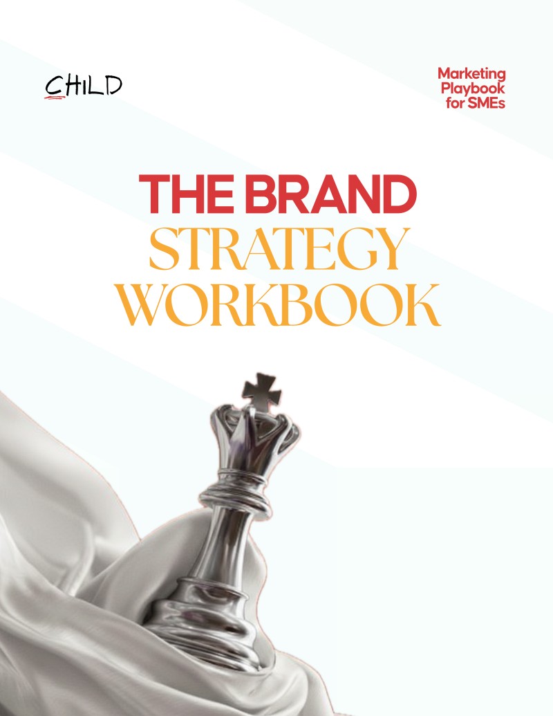 Cover of a brand strategy workbook showing a silver chess king piece on white fabric.