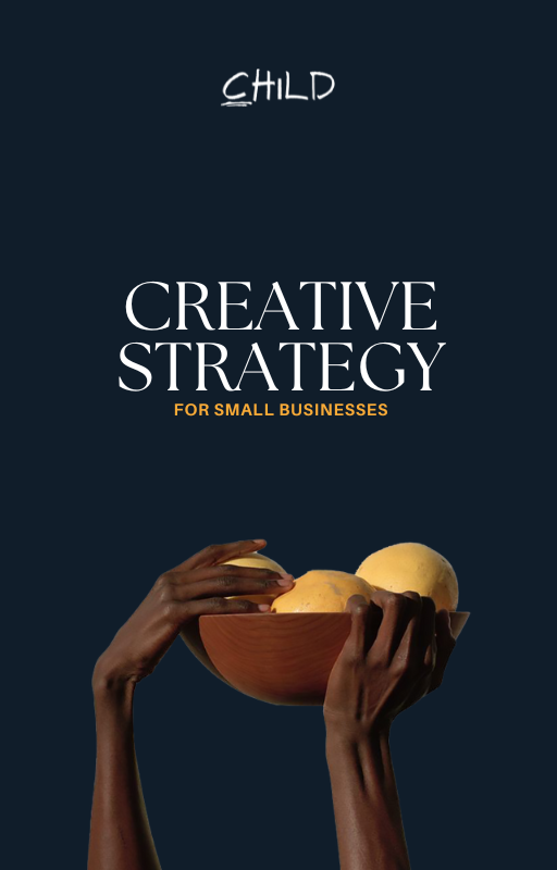 Hands holding a wooden bowl with yellow fruit under text 'Creative Strategy for Small Businesses'.