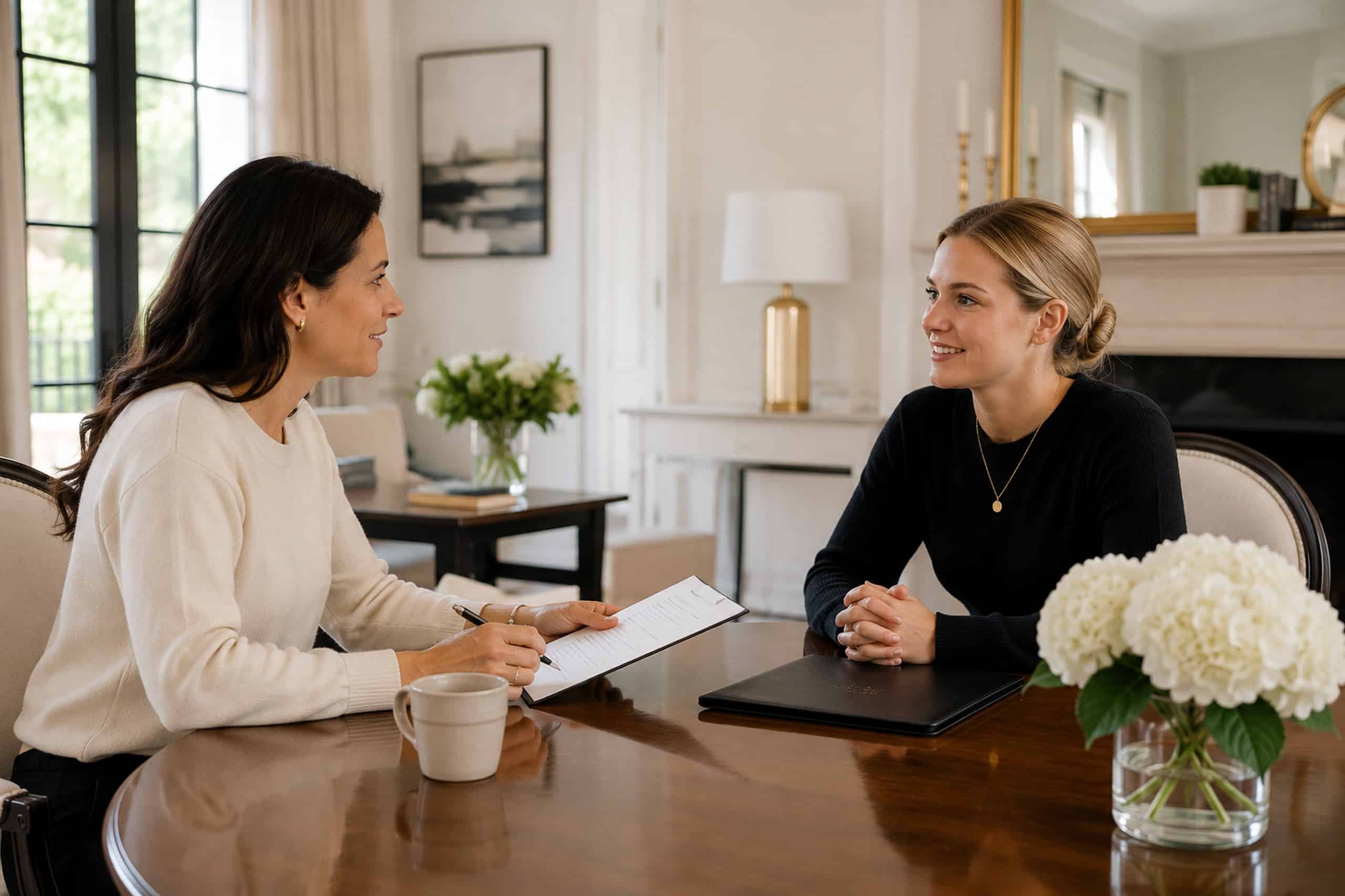 Alt text: Two women sit across from each other at a dining table in an elegant home, reviewing documents together in a warm and professional conversation