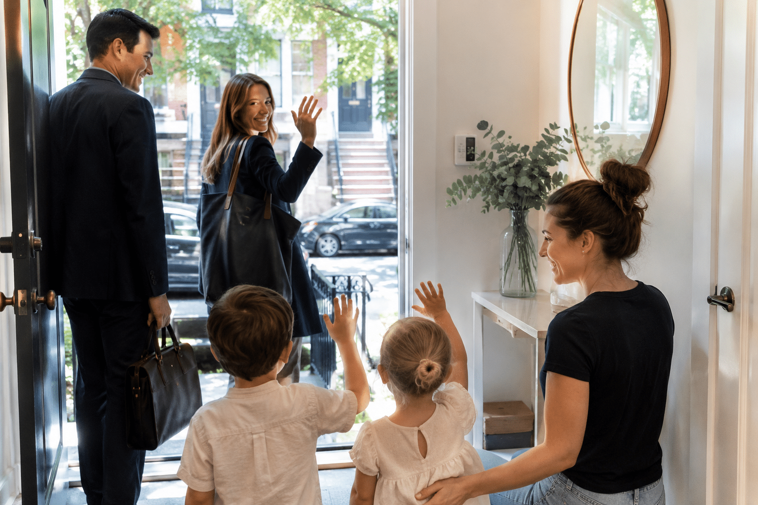 A nanny warmly greeting two children at the front door as their parents leave for work in a Washington D.C. home