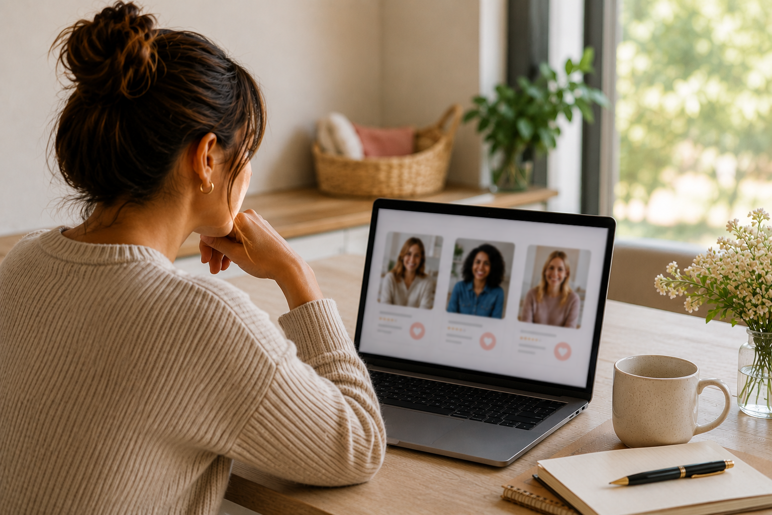 Mother browsing nanny candidate profiles on laptop while searching for childcare in Cleveland
