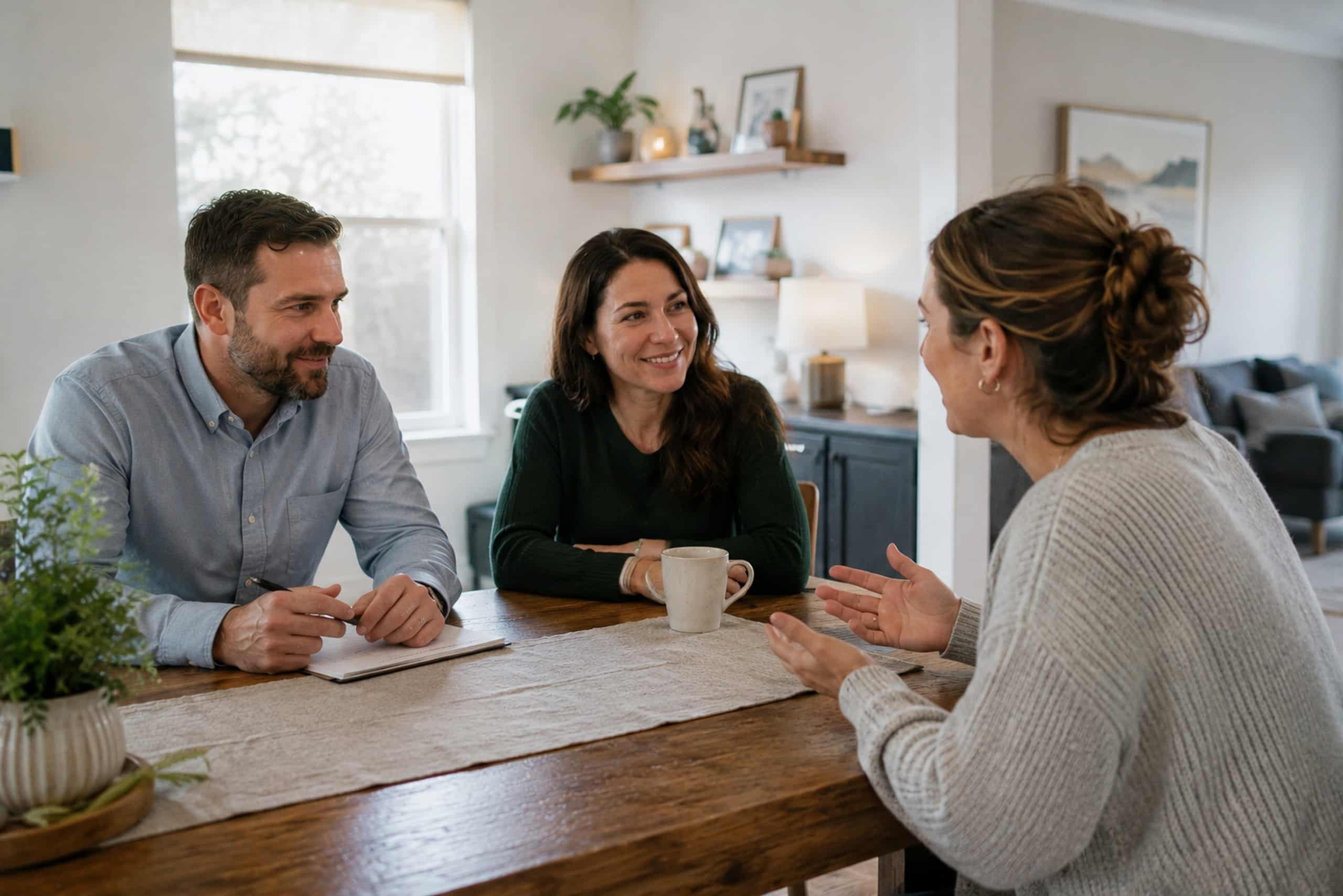 Parents talking with a nanny placement specialist at their kitchen table