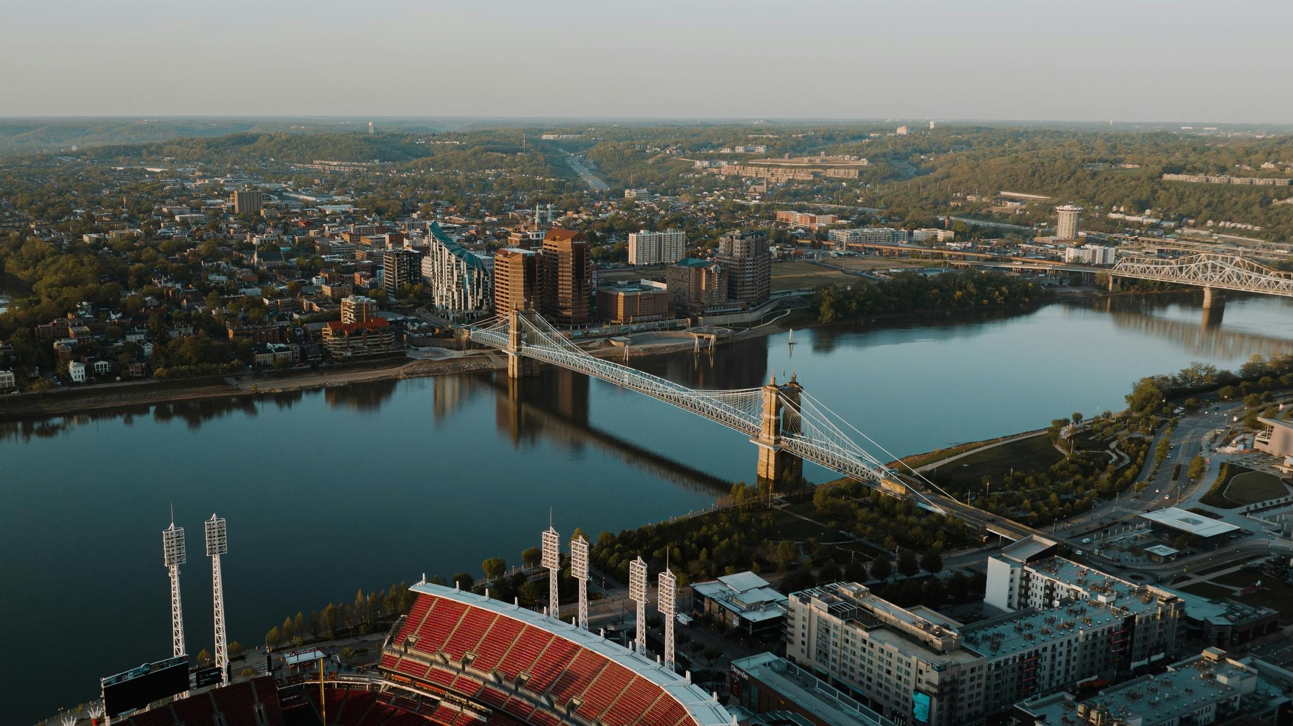 Aerial view of Cincinnati skyline and the Ohio River bridges connecting Northern Kentucky