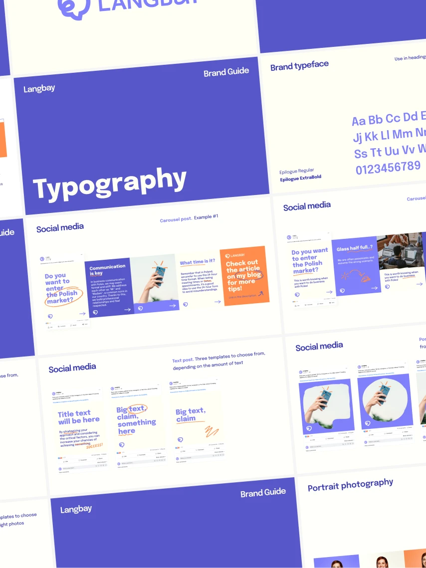 Langbay brand guide pages showing typography section, social media post templates, and portrait photography