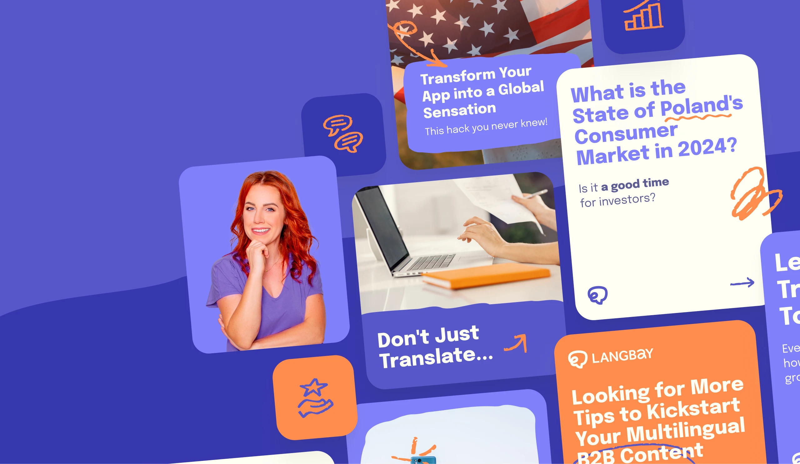 Grid of Instagram post designs for Langbay in the brand's purple and orange palette